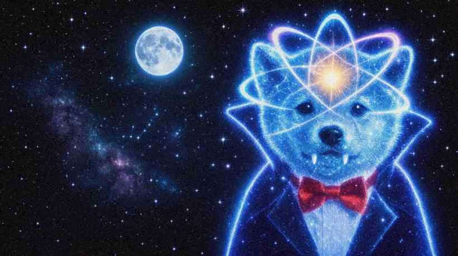Quantum Vamp, a glowing blue cosmic vampire Shiba with atom rings, under a full moon